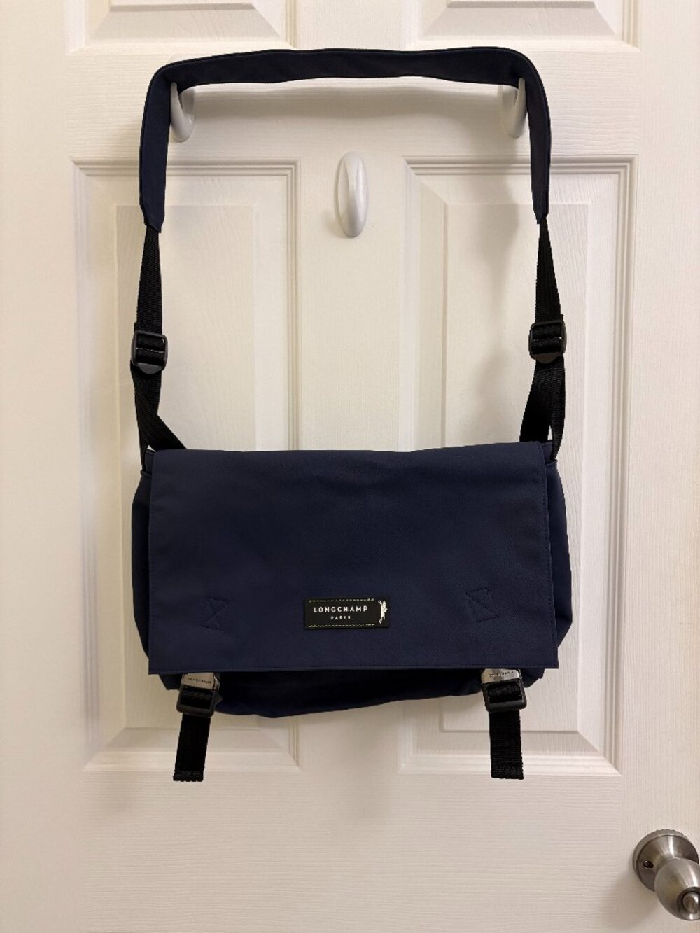 Longchamp Paris Navy Blue Canvas Messenger Crossbody Bag